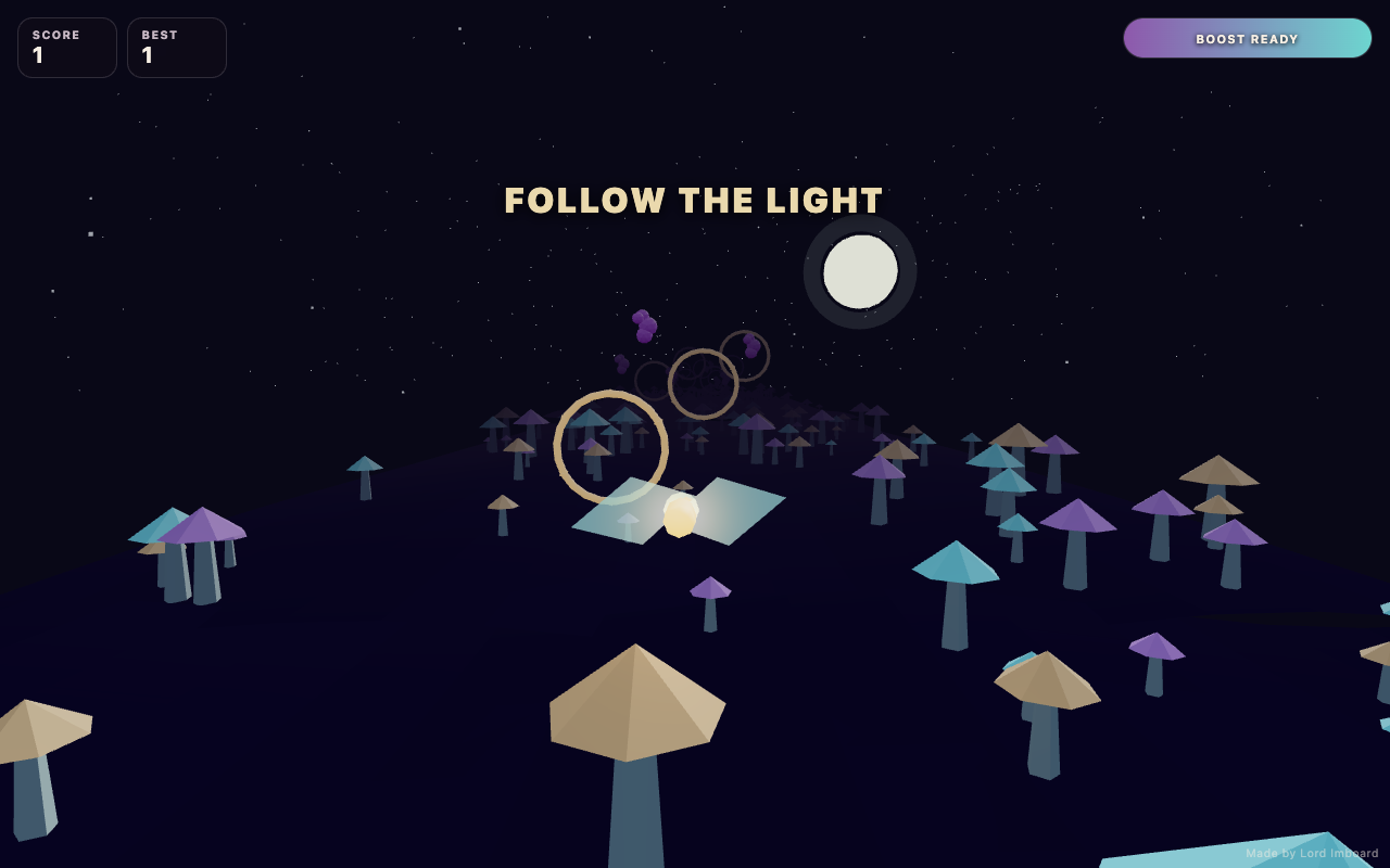 A glowing moth flying through lantern rings above a moonlit mushroom valley