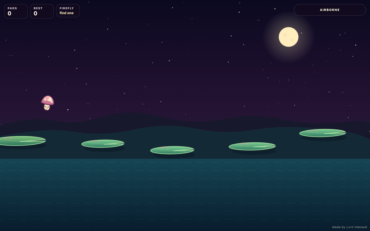 A small mushroom hopping across lily pads in a glowing night pond